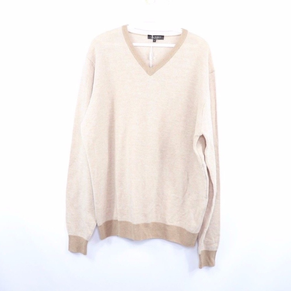 New Canali Virgin Wool V-Neck Sweater Tan Mens XL